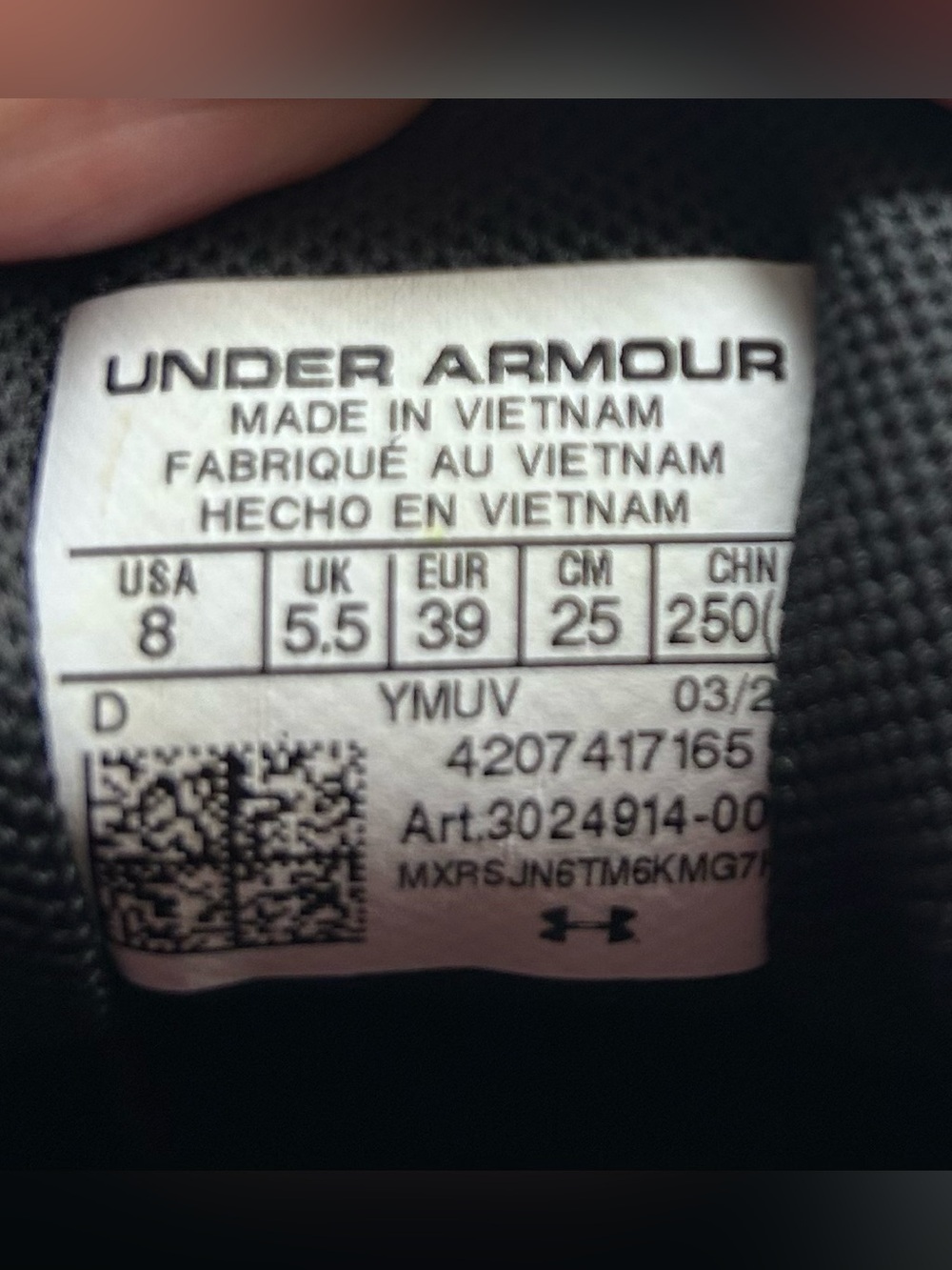 Mens Under Armour Charged Black and White Athletic Running Sneakers size 8 - Picture 6 of 6